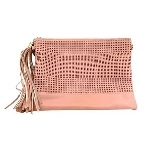 New Directions Pink Clutch Bag Purse Faux Leather Waffle Design‎ Tassels